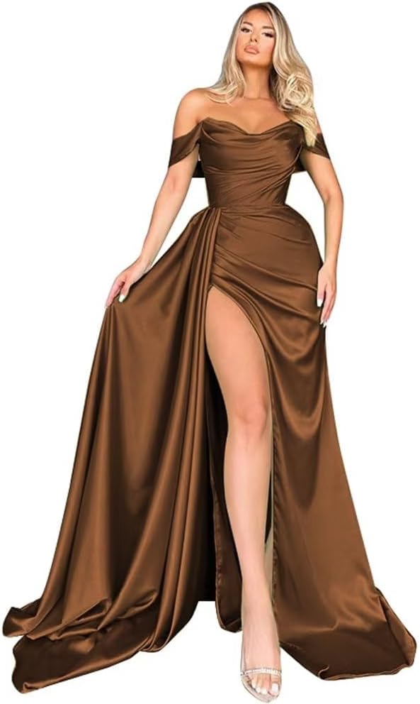 Off Shoulder Satin Bridesmaid Dresses Long Formal Gown for Wedding Ruched Prom Dress with Slit