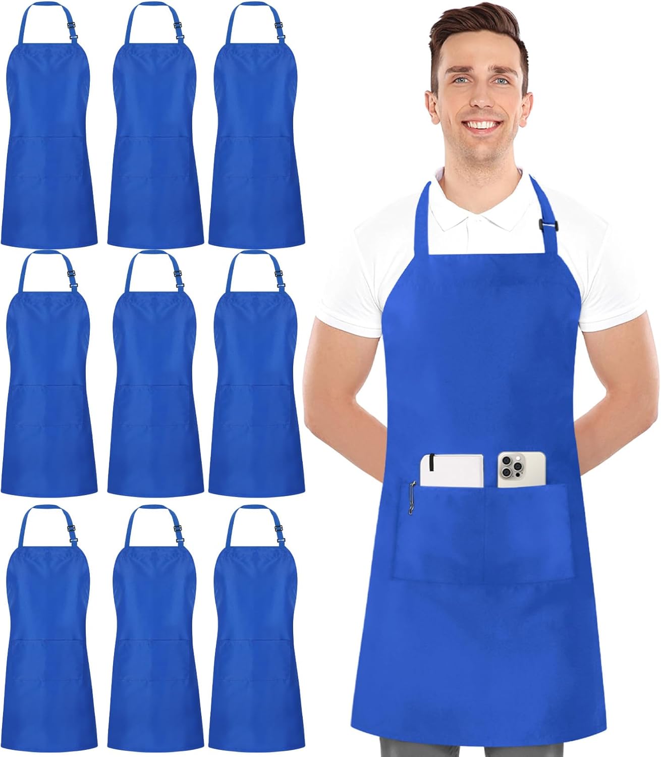 Utopia Kitchen 10 Pack Bib Apron Adjustable with 2 Pockets, Water and Oil Resistant, Cooking Kitchen Chef Apron for Women Men