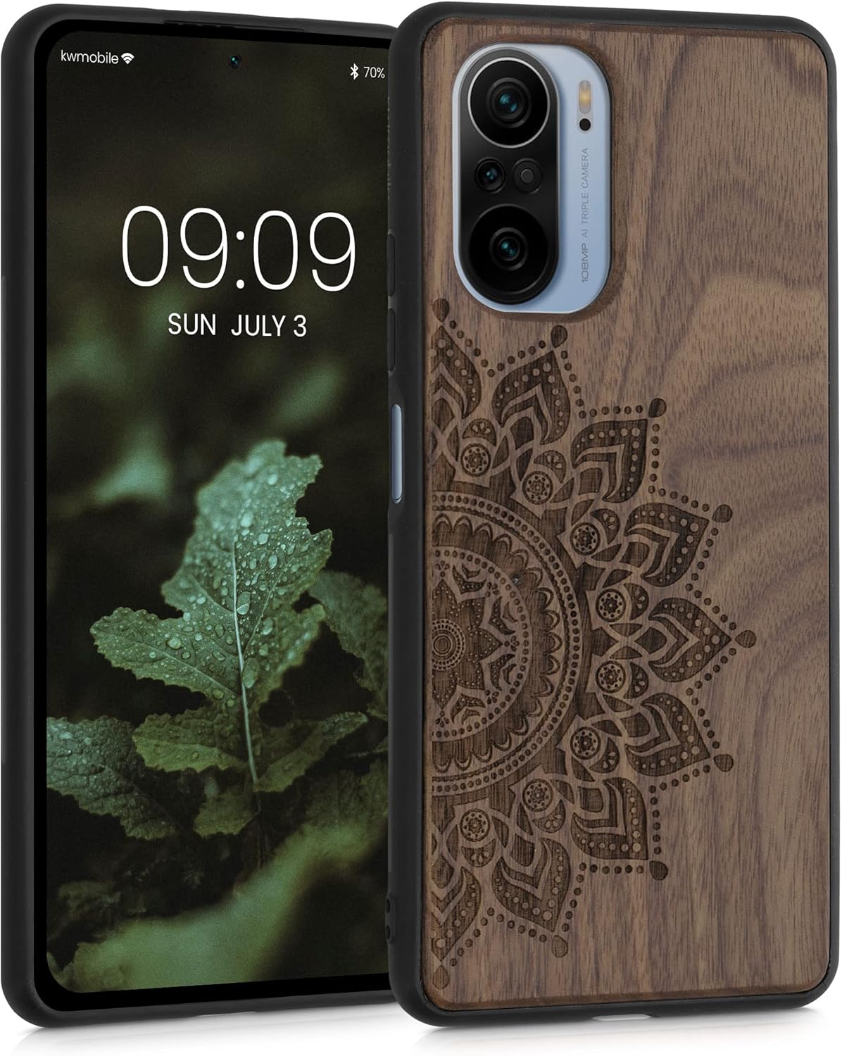 kwmobile Wood Case Compatible with Xiaomi Mi 11i / Poco F3 Case - Cover - Rising Sun Dark Brown