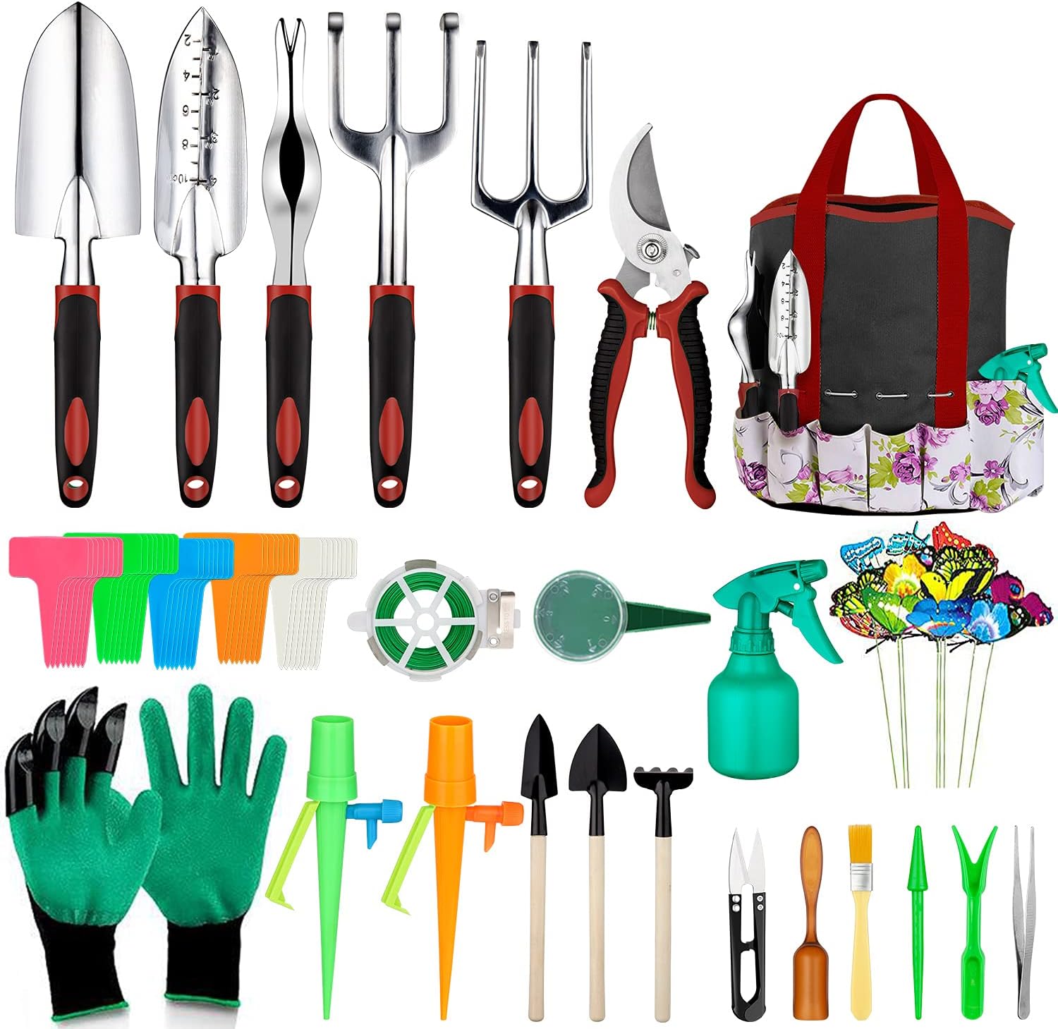 Tudoccy Garden Tools Set 83 Piece Succulent Tools Set Included, Heavy Duty Aluminum Gardening Tools for Gardening, Ergonomic Handle Tools, Storage Tote Bag, Gifts Tools for Men Women (Red)