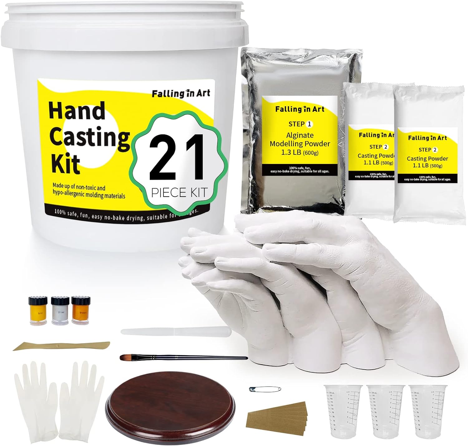 Falling in Art Hand Casting Kit Couples - Keepsake Plaster Hand Mold Kit for Family, Kids, Adults with Large Bucket, Gloves, Powder Materials, Color Paints, Wooden Base