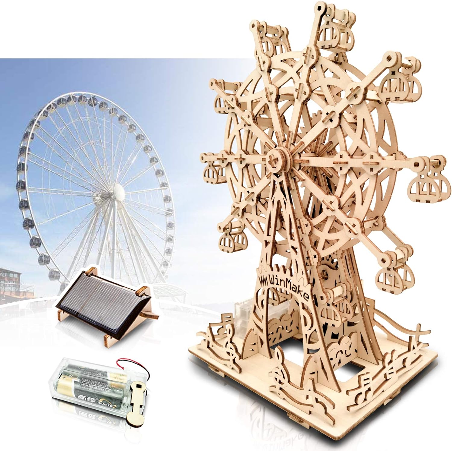 Solar 3D Wooden Puzzles for Adults Birthday Gifts for Kids Ages 6-8-10-12-14 Ferris Wheel DIY Model Kit Educational Puzzle Building Toys STEM Projects Science Experiments