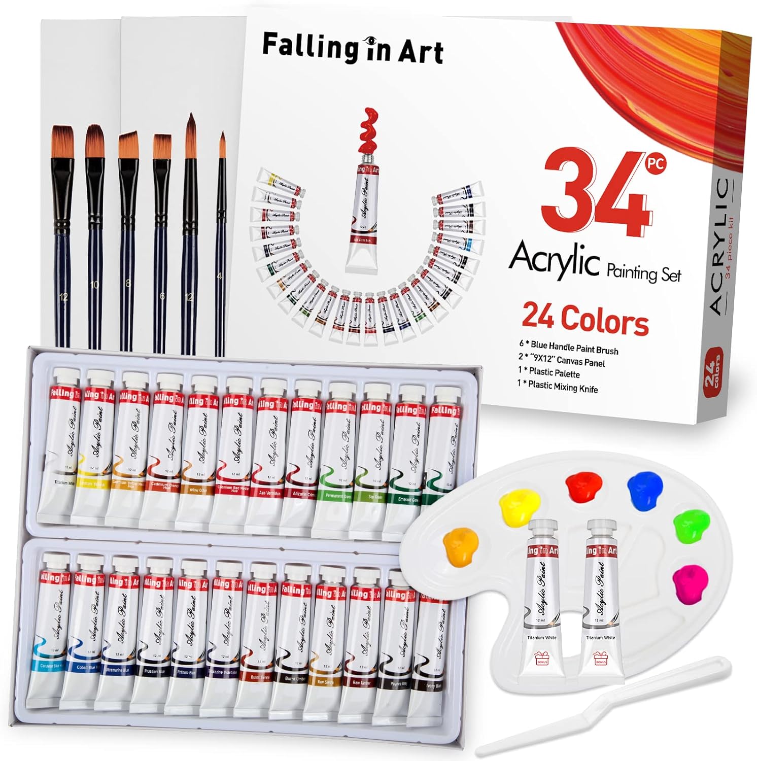 Falling in Art Acrylic Paint Set, Canvas Painting Kit with 26 Acrylic Paints, Nylon Brushes, Plastic Palette, Mixing Knife for Kids, Adults, Beginners, Hobbyists, Artists, 34 Pieces Set