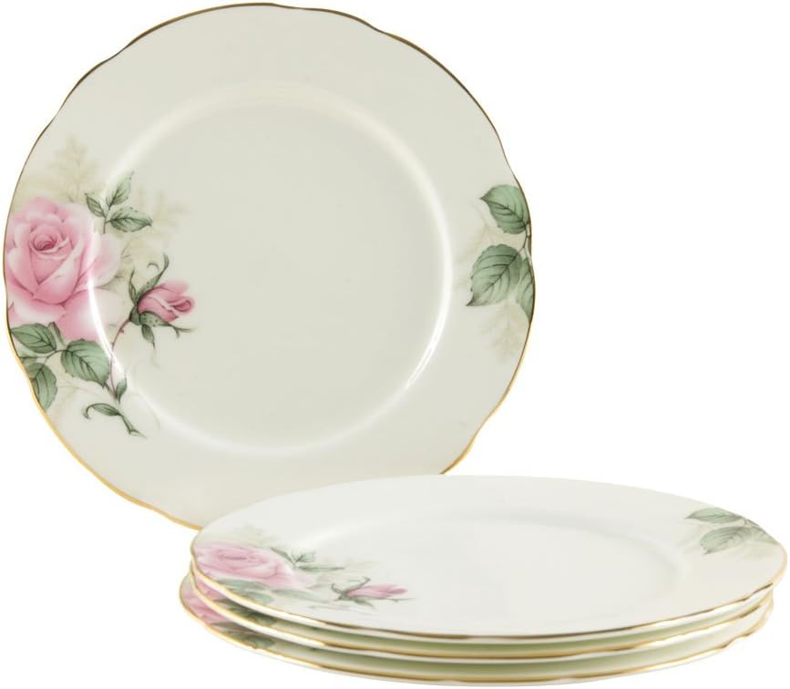 Gracie+Bone+China+7-1%2f2-Inch+Dessert+Plate%2c+Pink+Green+Rose+Bouquet%2c+Set+of+4%2c+Gold+Trimmed