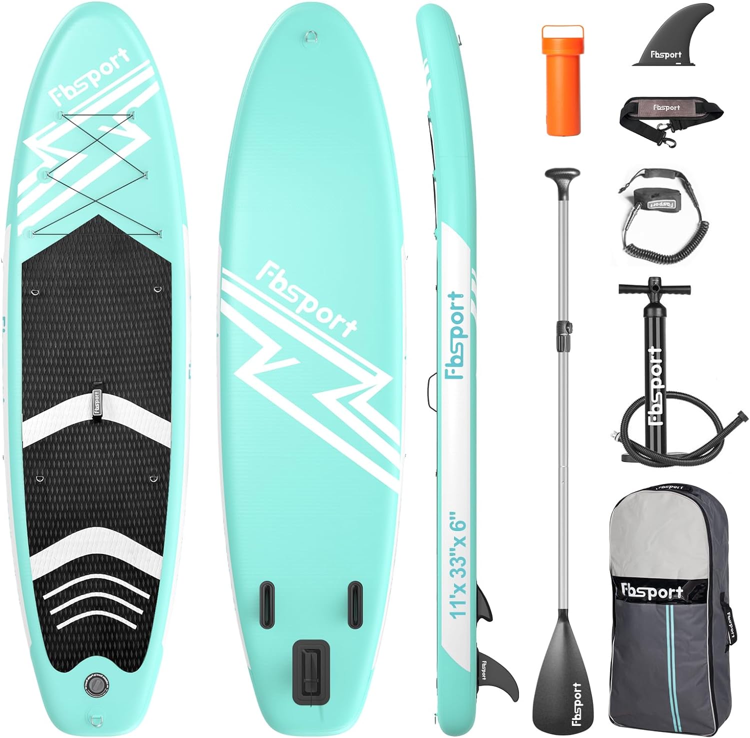 FBSPORT 11' Premium Stand Up Paddle Board, Yoga Board with Durable SUP Accessories & Carry Bag | Wide Stance, Surf Control, Non-Slip Deck, Leash, Paddle and Pump for Youth & Adult