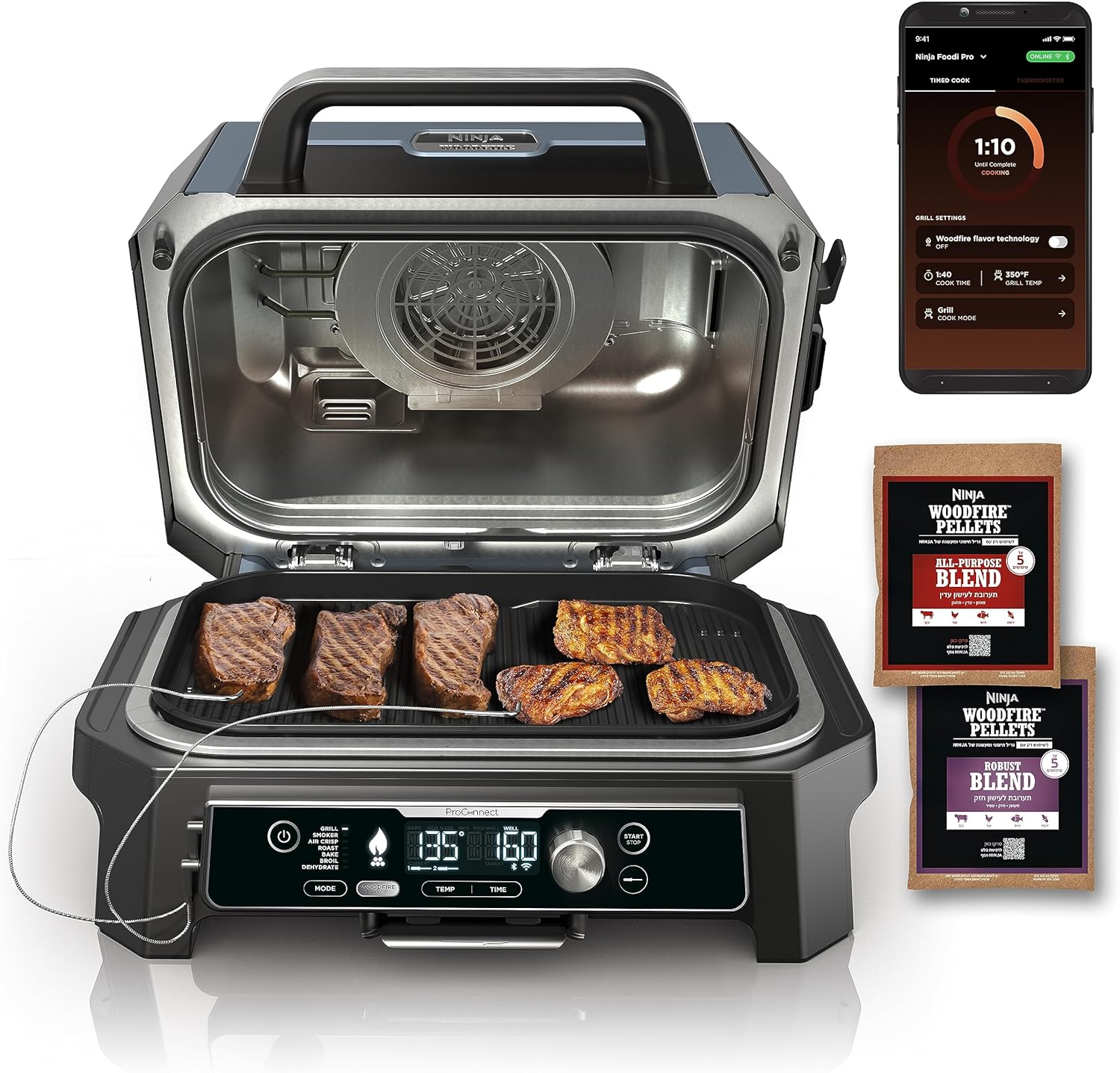 Ninja OG951 Woodfire Pro Connect Premium XL Outdoor Grill & Smoker, Bluetooth, App Enabled, 7-in-1 Master Grill, BBQ Smoker, Outdoor Air Fryer, Woodfire Technology, 2 Built-In Thermometers, Black