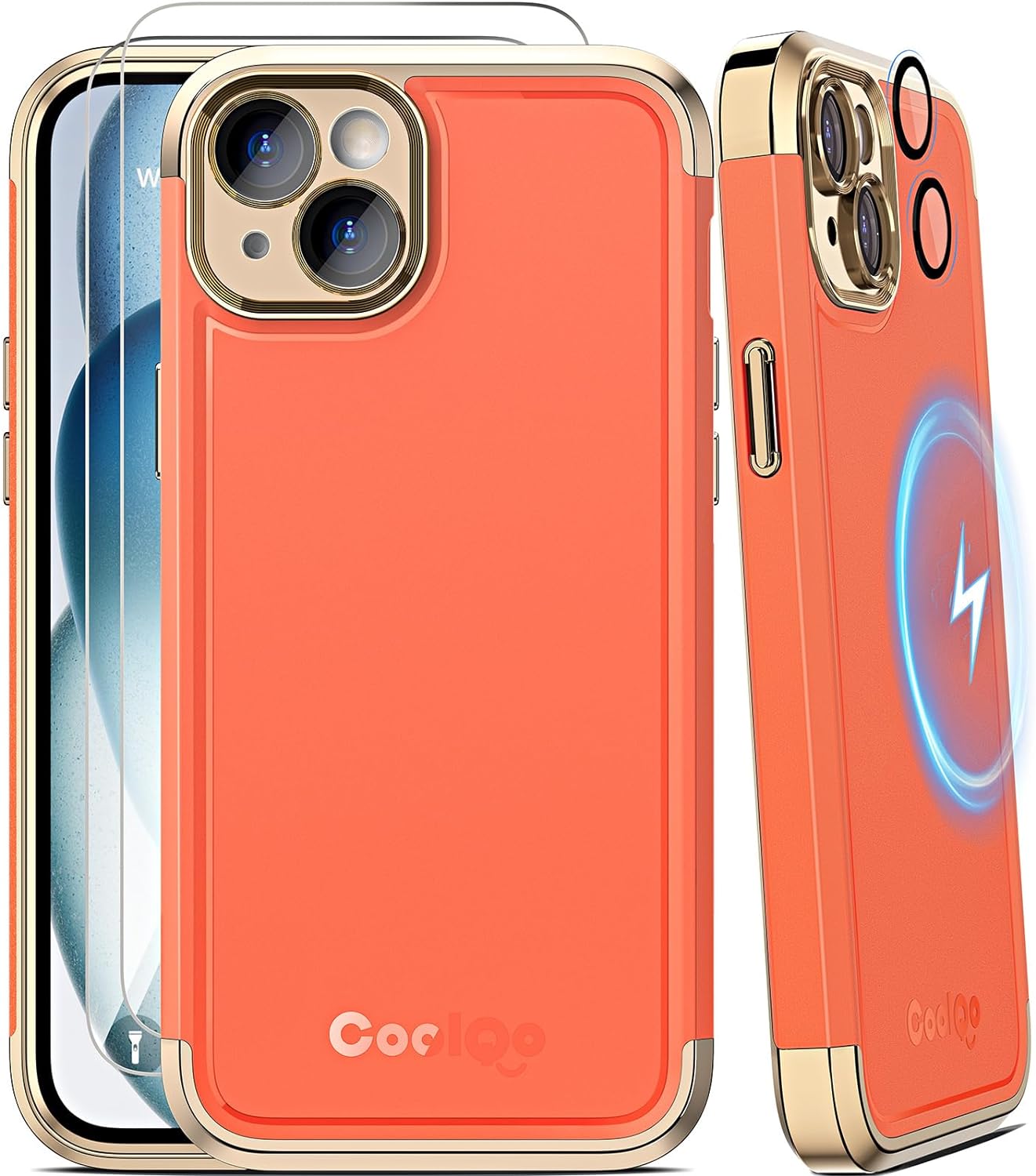 COOLQO Magnetic for iPhone 14 Plus Case 2X[Tempered Glass Screen Protector+Camera Lens Protectors] Mil-Grade Shockproof Protective Phone Case for iPhone 14 Plus, Orange Gold