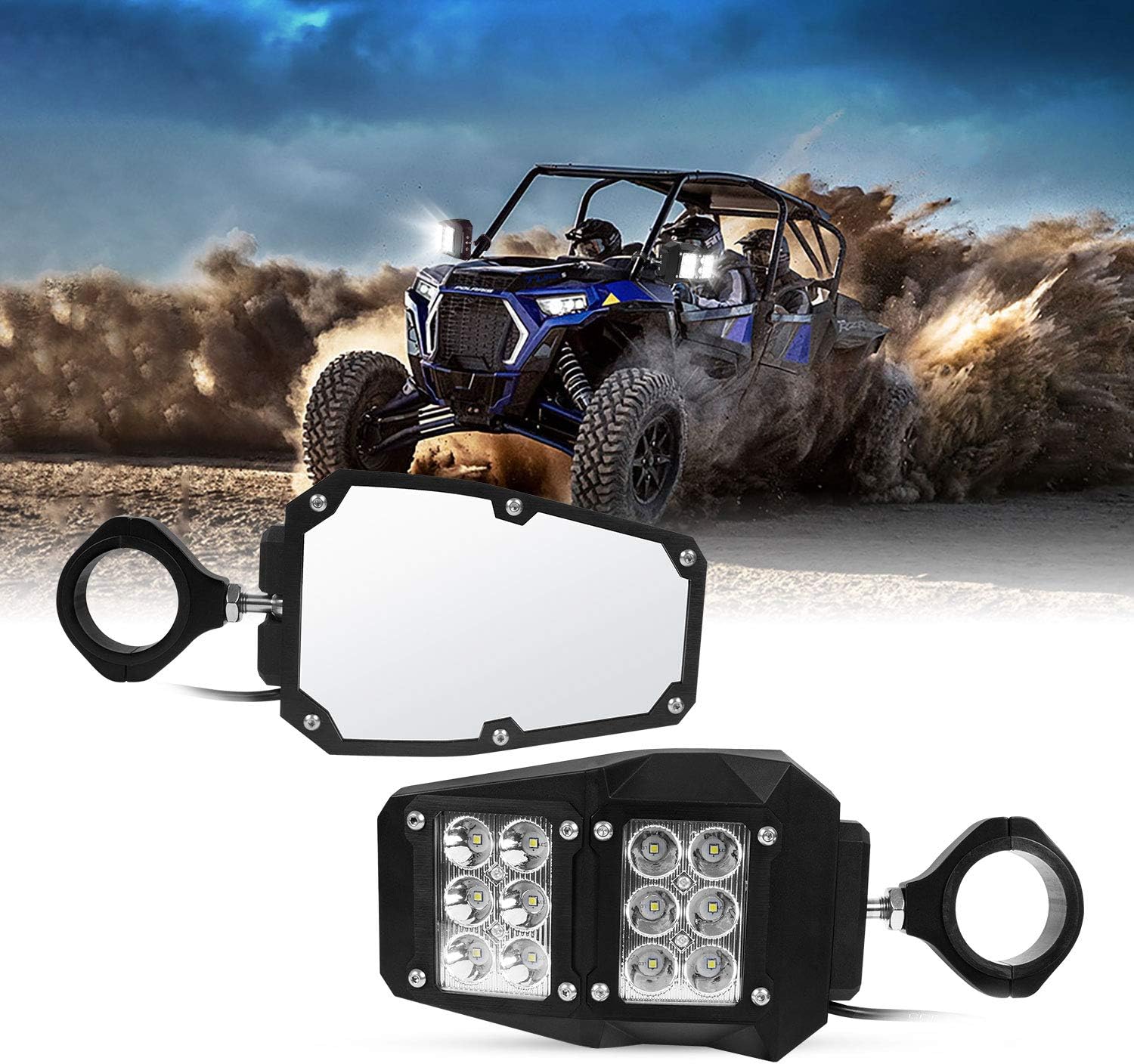 RZR Mirror UTV Offroad Side Rear View Mirrors With LED Spot Light Compatible With Polaris RZR XP 1000 RZR 900 Yamaha Rhino Honda Pioneer Talon Kawasaki Teryx 1.75-2 Inch Roll Bar Cage