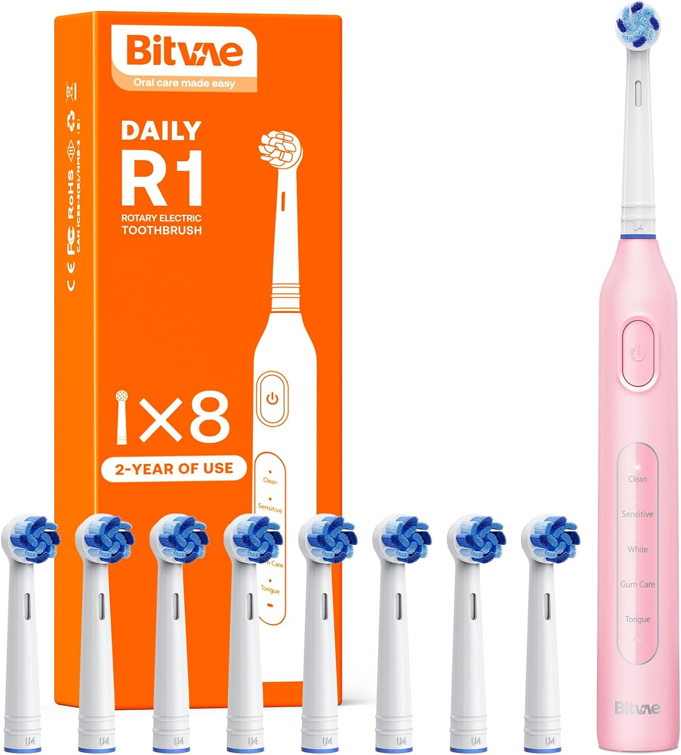 Bitvae R1 Rotating Electric Toothbrush with 8 Brush Heads for Adults and Kids, 5 Modes Rechargeable Power Toothbrush, 3 Hours Fast Charge for 60 Days, Brushing Timer, Pink