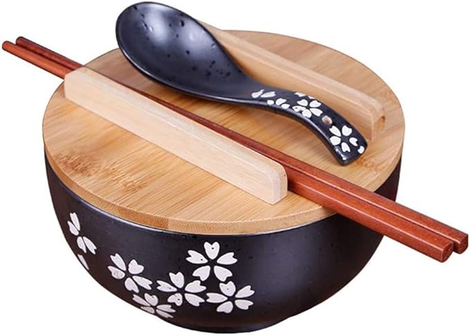 Japanese cuisine bowl with lid vintage ramen bowl with lid black ceramic instant noodle bowl black salad bowl soup bowl with wooden lid (Color : Black, Size : 16168CM)