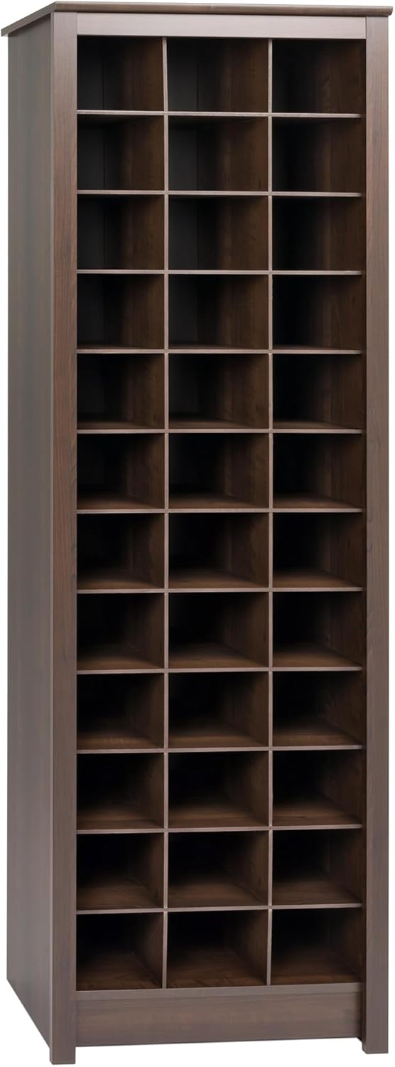 Prepac Elegant Brown Shoe Storage Cabinet, Space-Saving Solution with Cubbies for 36 Pairs, 13D x 23.5 W x 72.5 H