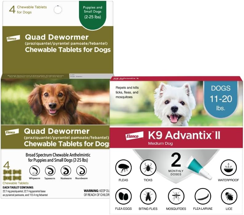 Elanco Quad Dewormer Chewable Tablets for Small Dogs and K9 Advantix II Vet-Recommended Flea, Tick, and Mosquito Prevention for Medium Dogs | 4-count   2-pack