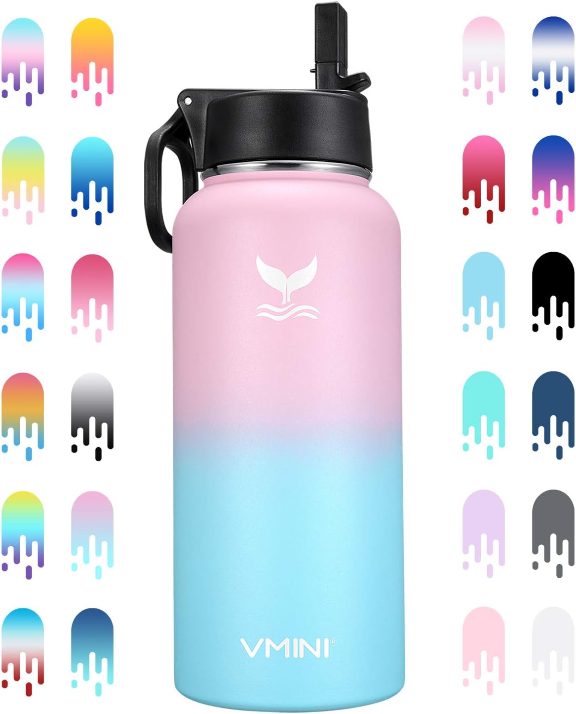 Vmini Water Bottle with New Wide Handle Straw Lid, Wide Mouth Vacuum Insulated 18/8 Stainless Steel, 32 oz, Gradient Pink + Blue