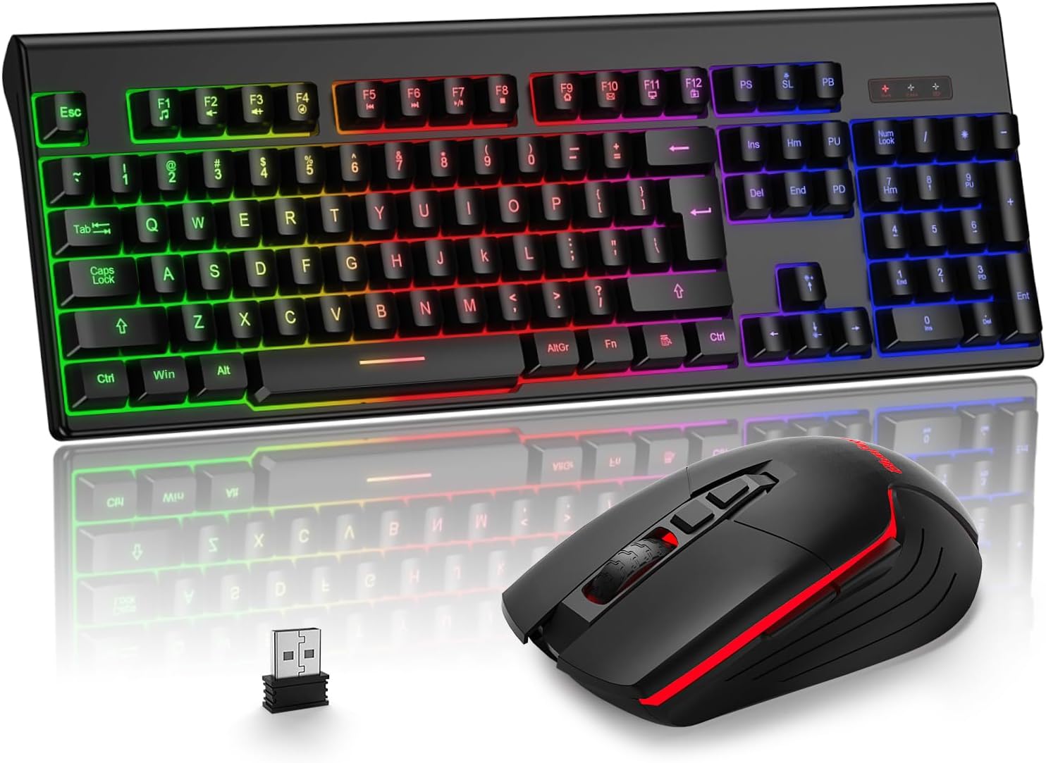 Wireless Gaming Keyboard and Mouse, Rechargeable Rainbow Backlit Wireless Keyboard and Ergonomic Light Up Mouse Combo for Windows, Mac, PC, Laptop