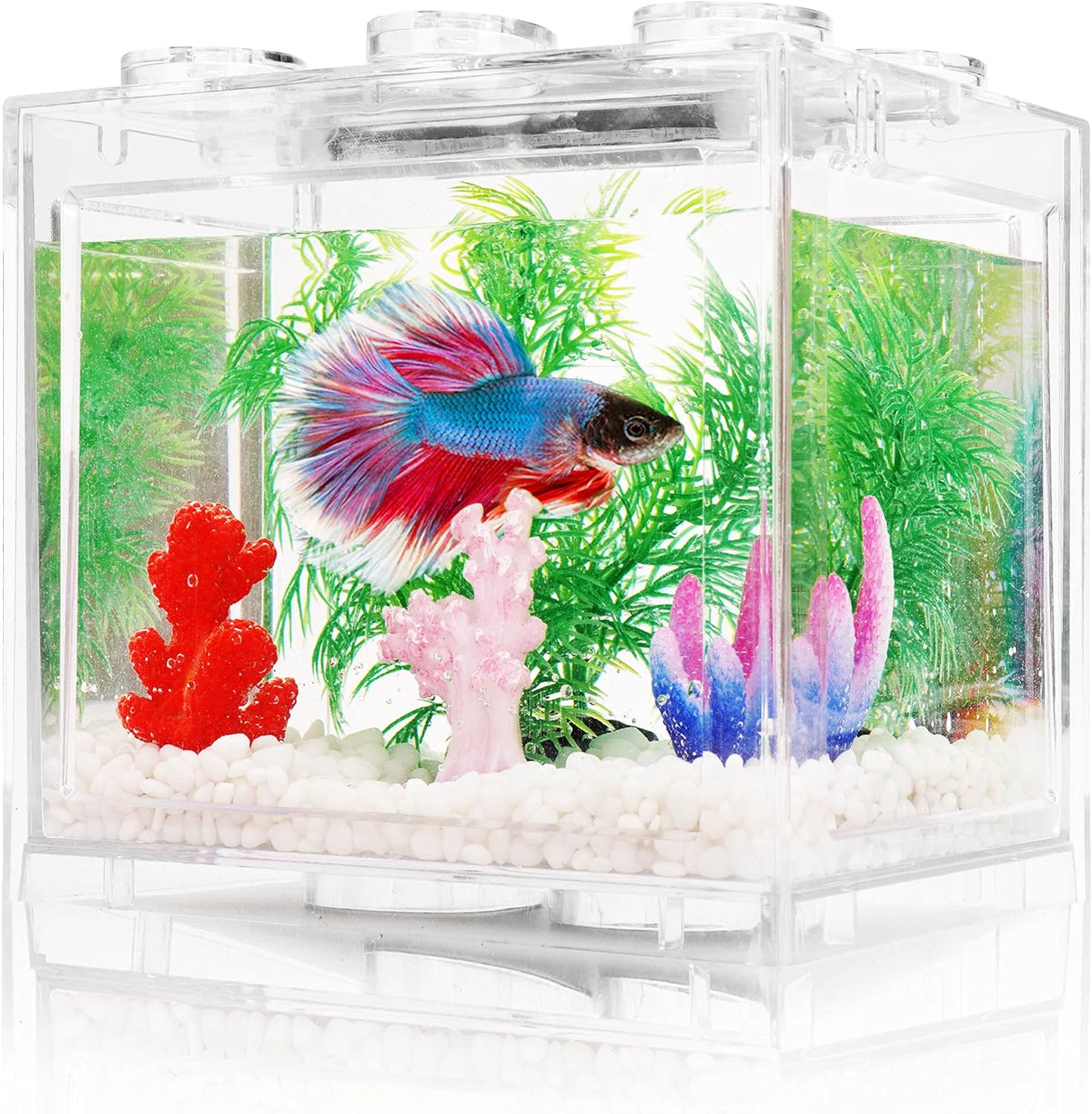 Small Betta Fish Tank, Aquarium Tank Kit with LED Lighting, 0.6 Gallon Stackable Beta Fish Tank Set, Fish Bowl Accessories for Turtle Reptile Shrimp Crab Insects as Decoration