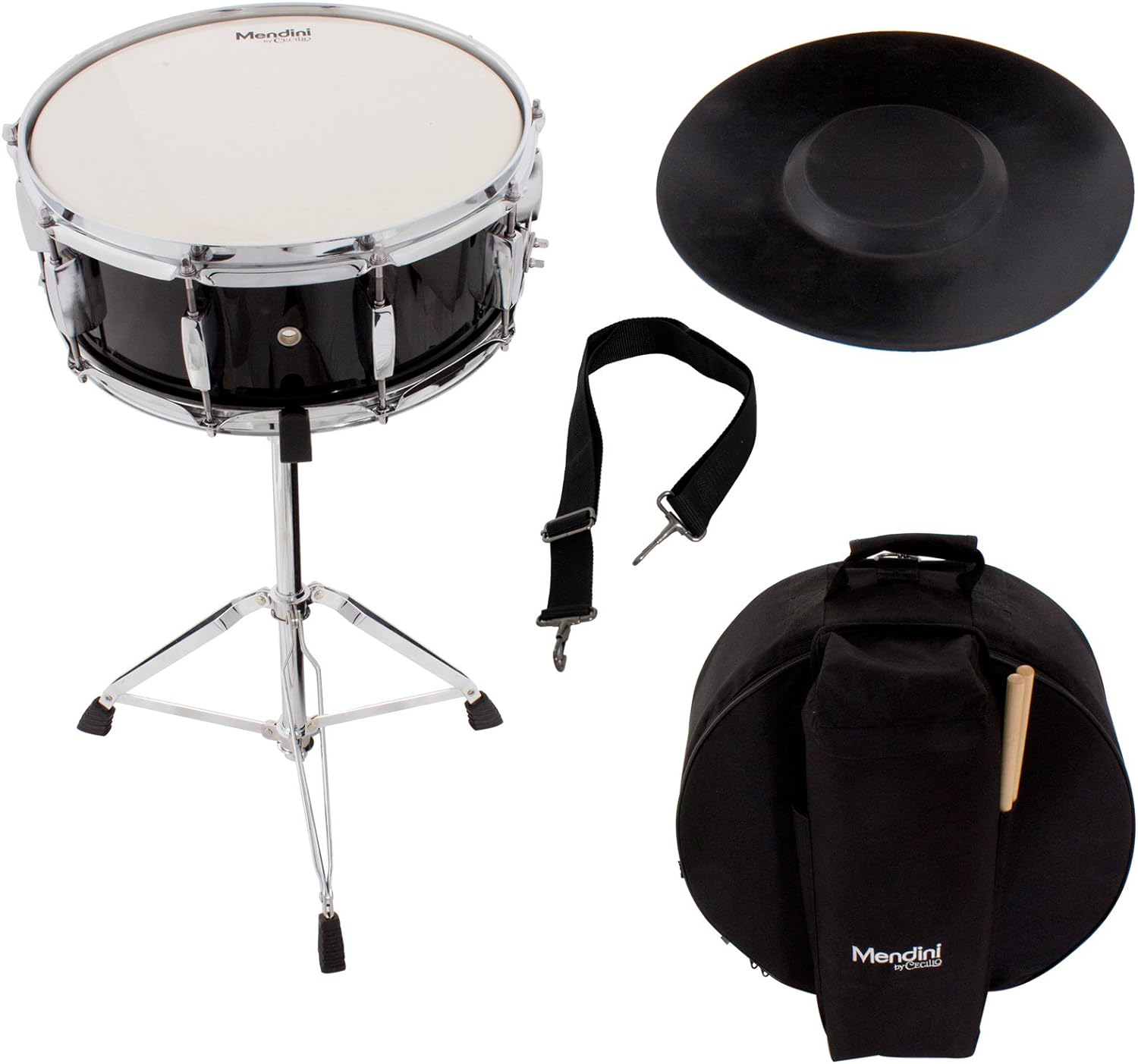 Mendini Student Snare Drum Set with Gig Bag, Sticks, Stand and Practice Pad Kit, Black, MSN-1455P-BK