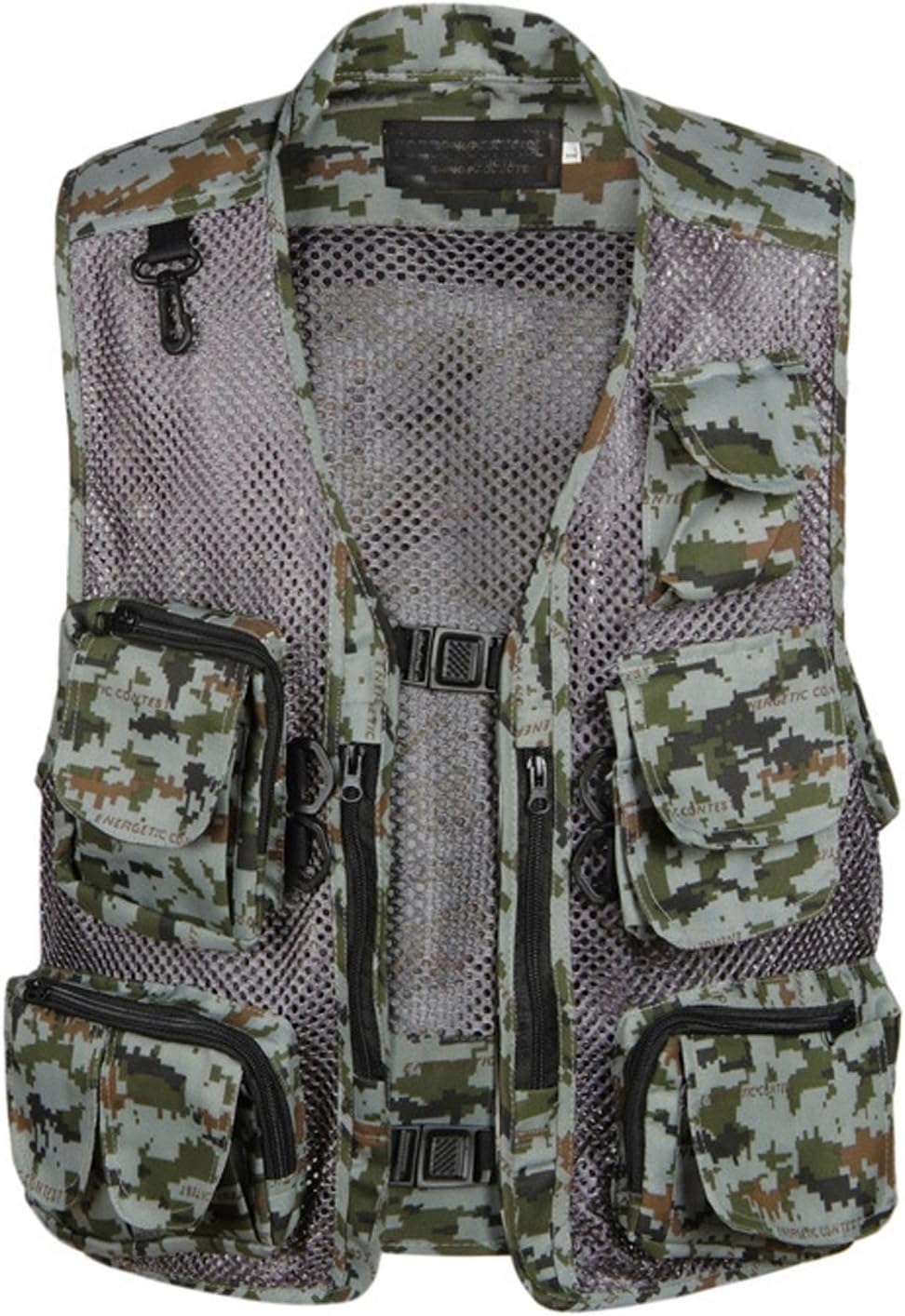 Flygo Men' Fishing Outdoor Utility Hunting Climbing Tactical Camo Mesh Removable Vest with Multi Pocket (Large, Camo Grey)