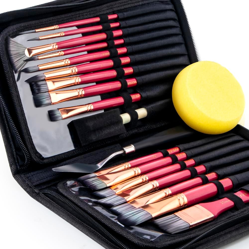 Transon Art Paint Brush Kit 16 Paint Brushes with Foam Brush Sponge Spatula and Brush Case for Oil, Acrylic, Watercolor, Gouache, Painting Pink Color