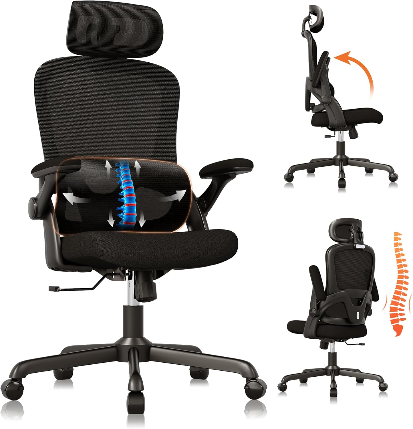 Ergonomic Office Chair, High Back Mesh Desk Chair with Adjustable Lumbar Support, 3D Flip-Up Arms, Headrest, Swivel Rolling Wheel, Big and Tall Comfy Wide Work Task Computer Gaming Chairs for Adults