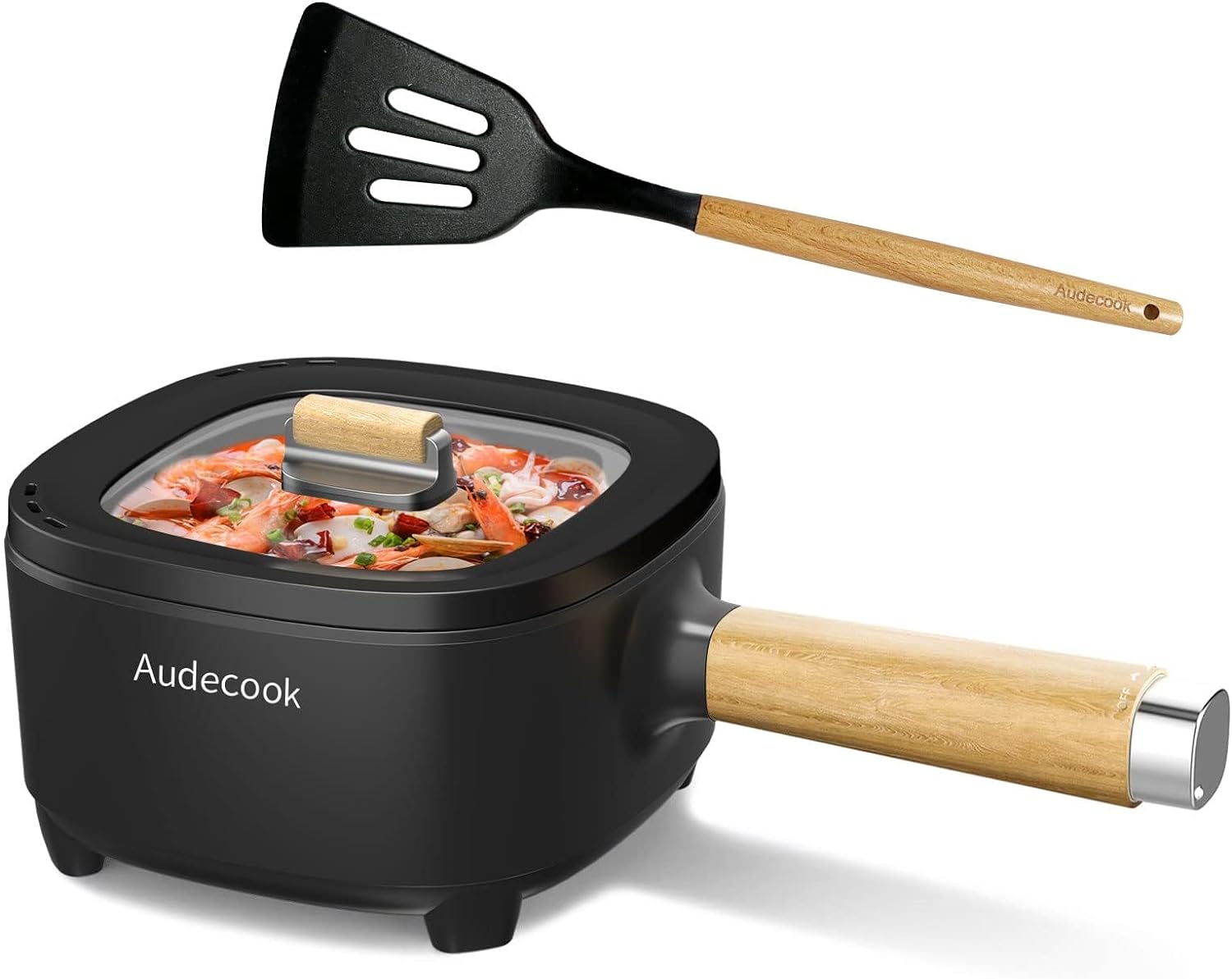 Audecook Electric Pot 2L, Non-Stick Ceramic Glaze Frying Pan 8", Multifunction Electric Skillet Pan for Dorm, Home, Office, Travel, Hotel, with Dual Power Adjustment (Silicone Spatula Included)