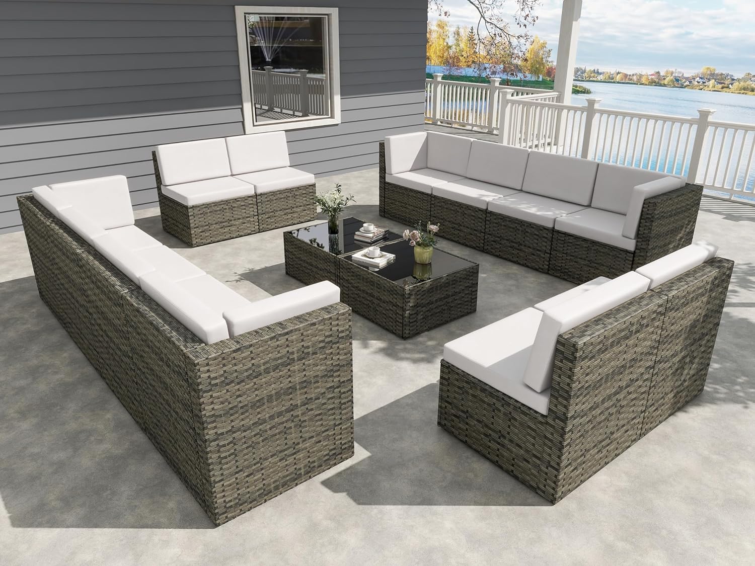 UIXE 14 Pieces Patio Furniture Sets Outdoor Sectional Sofa, All Weather PE Rattan Lounge Seating Couch Backyard Wicker Modular Chairs Conversation Set with 12 Person Seats Group, Light Gray