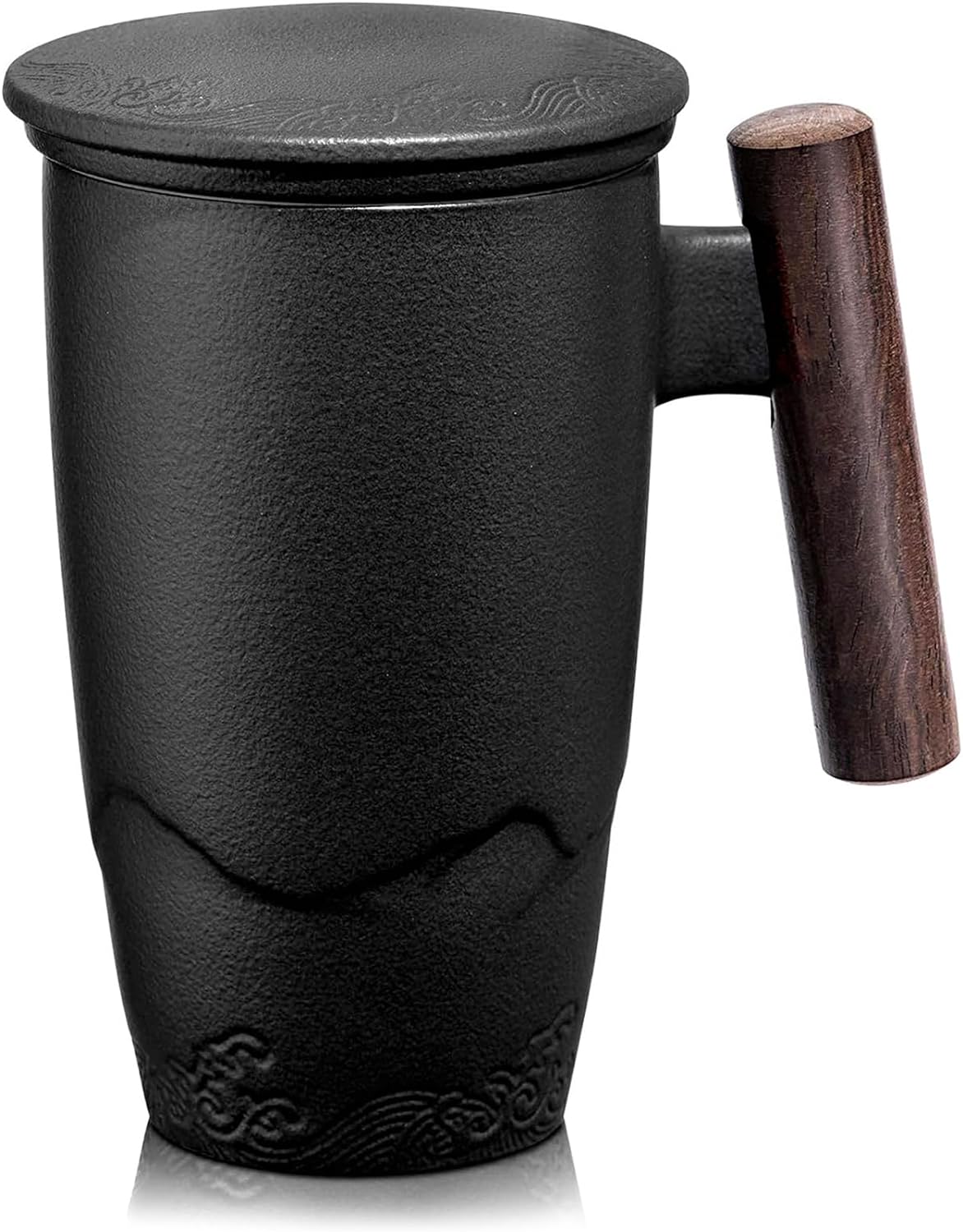 suyika Tomotime Ceramic Tea Cup with Infuser and Lid Tea Mugs Wooden Handle 400ml/13.5oz Black