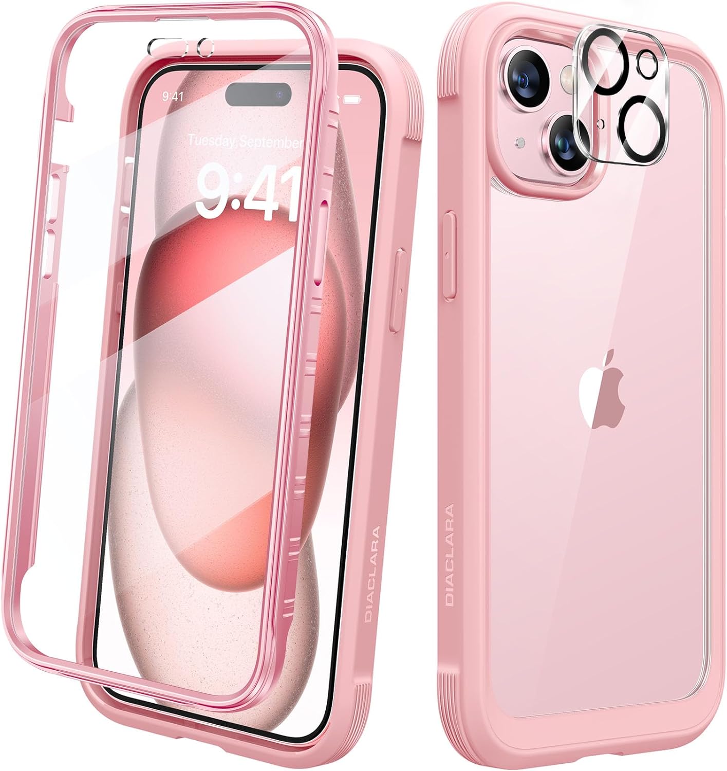 Diaclara Designed for iPhone 15 Case, Full Body Rugged Case with Built-in Touch Sensitive Anti-Scratch Screen Protector, with Camera Lens Protector for iPhone 15 6.1 (Coral Pink)