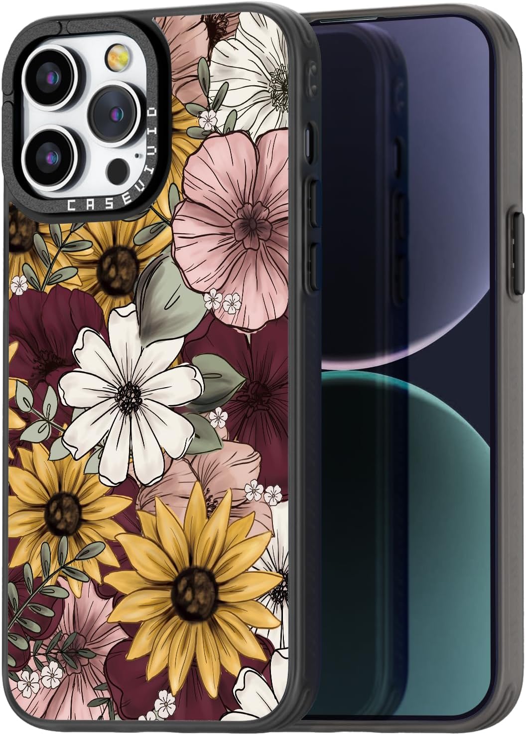 Compatible for iPhone 12 Pro Max Case Cute Aesthetic - Durable Fashion Funny Phone Case - Girly Sunflower Pattern Print Cover Design for Woman Girl 6.7 inches Black