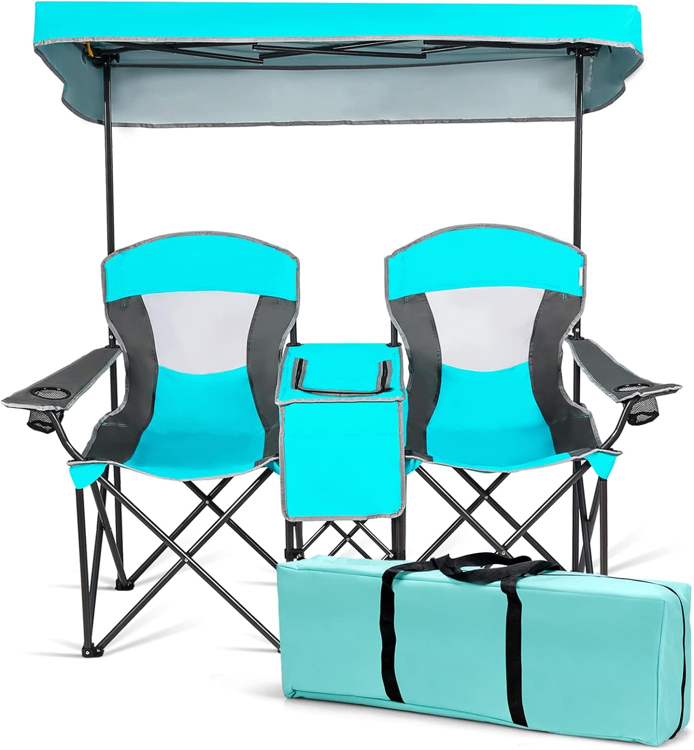 DORTALA Double Camping Chair with Canopy, 2 Person Folding Beach Chair with Canopy Shade, Table Beverage Holder and Storage Bag, Double Rocker Chair Outdoor for Camping, Beach, Picnic, Turquoise