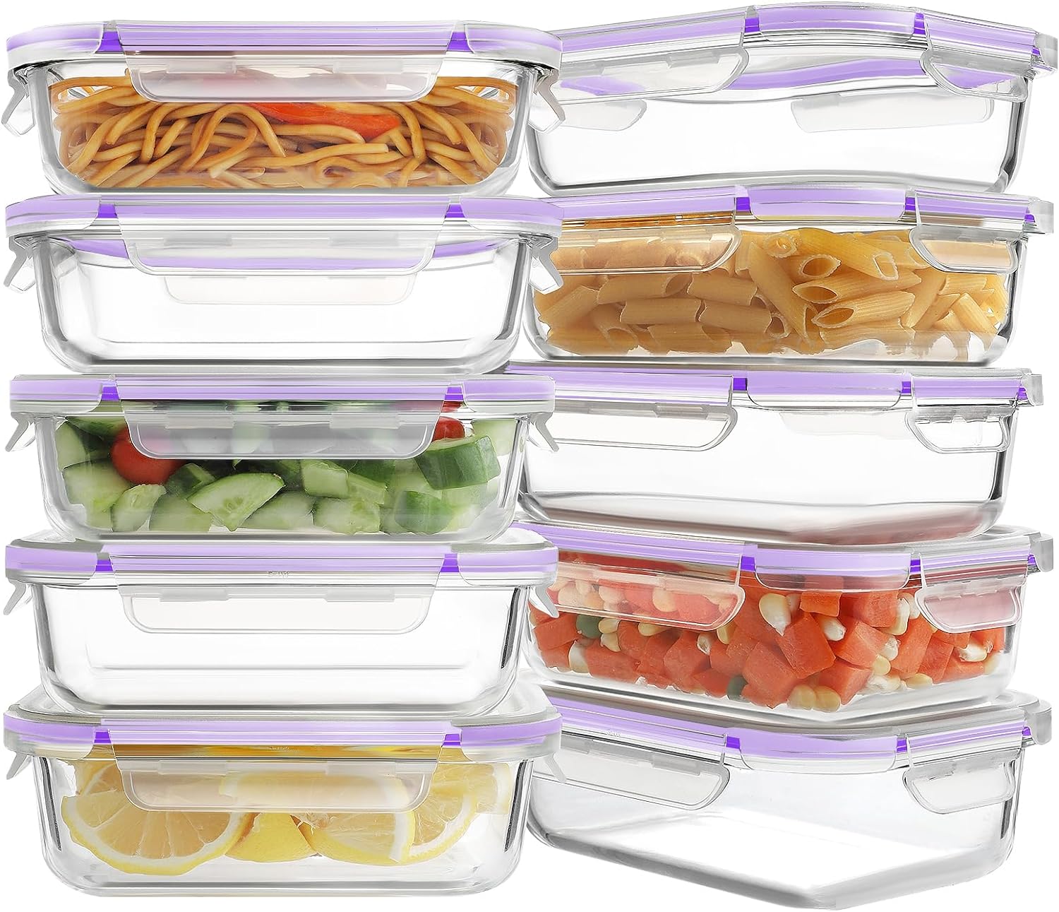 10 Pack Glass Meal Prep Containers, Glass Food Storage Containers with Lids, Airtight Glass Lunch Bento Boxes, BPA-Free & Leak Proof (10 lids & 10 Containers) - Purple