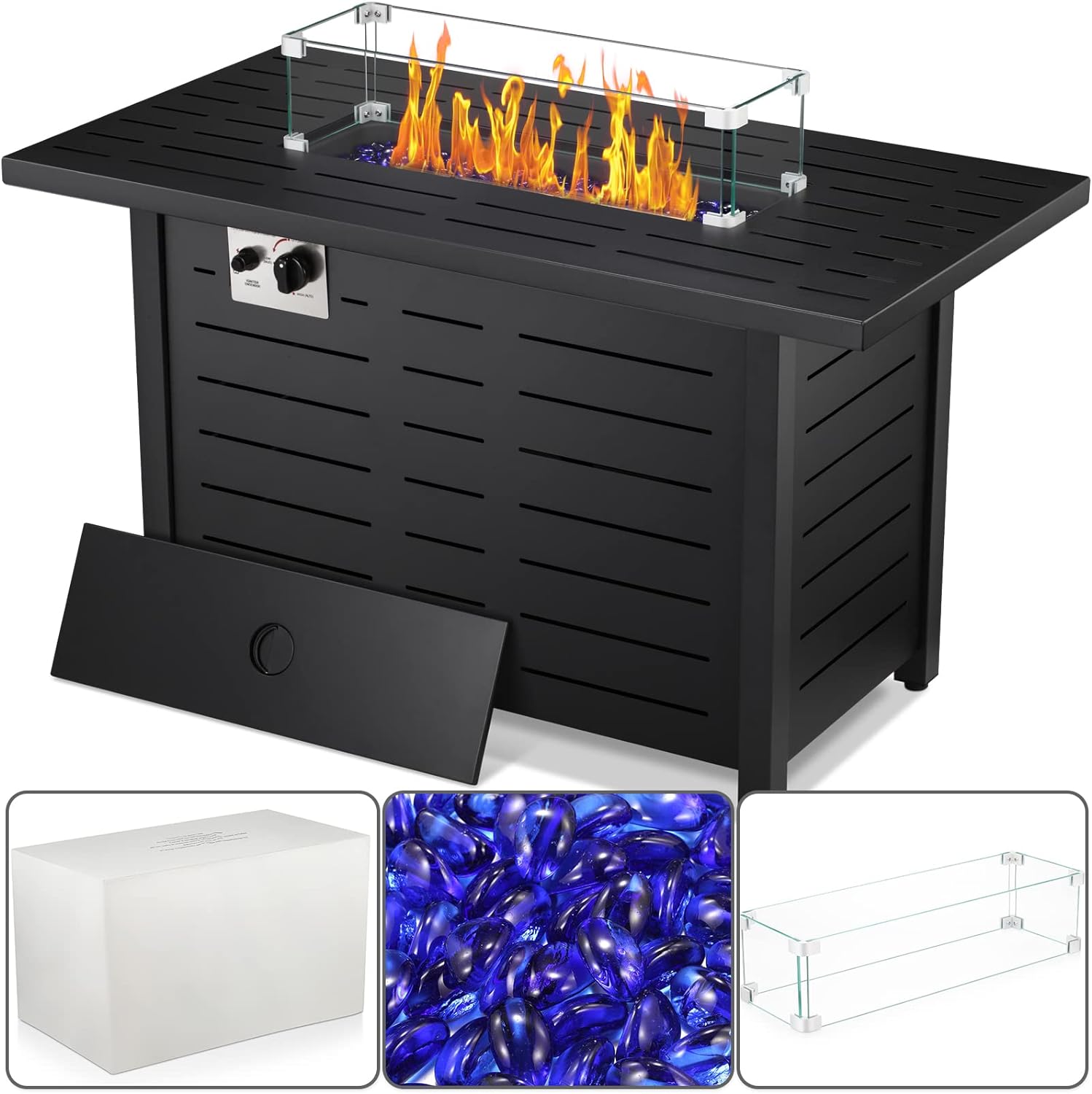 Xbeauty Fire Pit Propane Gas FirePit Table 43 Outdoor Fire Pit Rectangular Tabletop with Lid, Rain Cover, Tempered Glass Wind Guard for Outside Garden Backyard Deck Patio