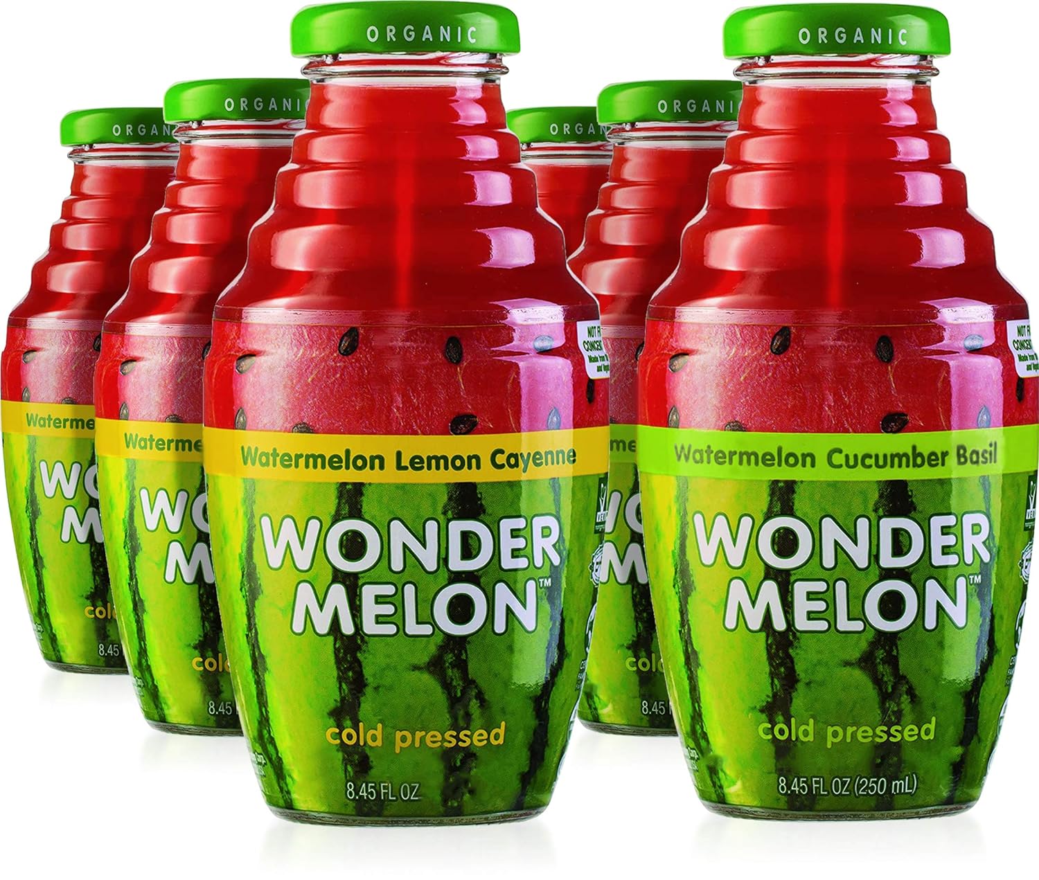 Wonder Melon Organic Watermelon Juice, Cold Pressed, (Variety 6 Pack) 3 Watermelon with Basil Cucumber & 3 Watermelon with Lemon Cayenne