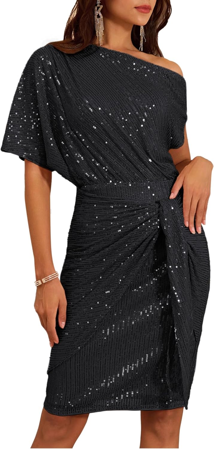 GRACE KARIN Women' Sequin Sparkly Glitter Party Club Dress One Shoulder Ruched Cocktail Bodycon Dress