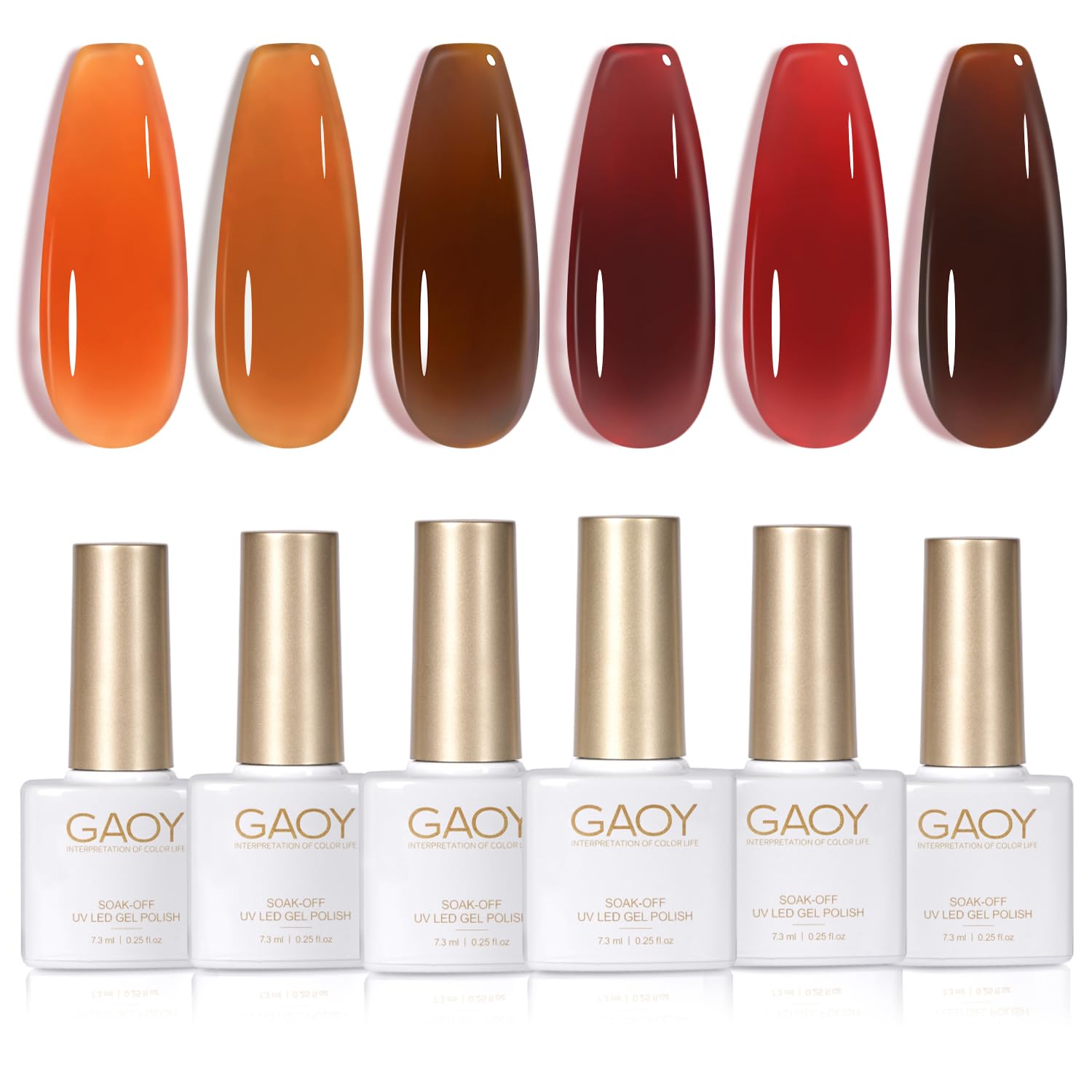 GAOY Jelly Brown Gel Nail Polish Set, 6 Transparent Colors Dark Red Orange Pumpkin Soak Off Gel Polish Kit for Salon and Nail Art DIY at Home