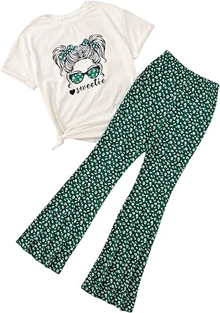SOLY HUX Girl's Two Piece Outfits Summer Tops Short Sleeve T-Shirt Figure Graphic Tee and Pants Bell Bottom Flared Pants Sets