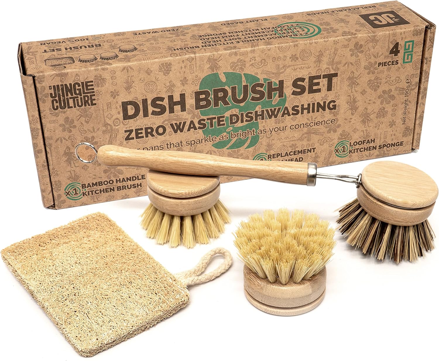 Jungle Culture 4 Piece Bamboo Dish Brush Set for Washing Up  Long Lasting Wooden Dish Brush with 3 Replacement Heads & Loofah Sponge Scourer  Eco Friendly Wooden Scrub Brush for Pots, Pans & Dishes