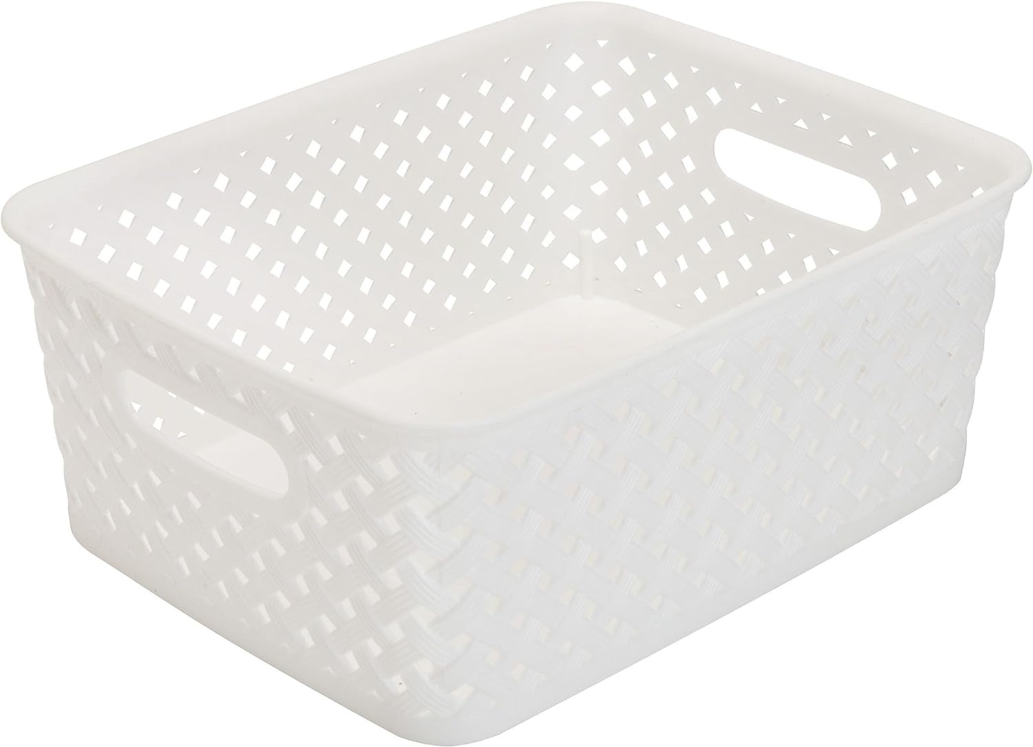 Simplify Small Resin Wicker Tote | Storage Bin | Plastic Organizer | Carrying Handles | Bathroom | Pantry | Accessories | Cleaning Products | White