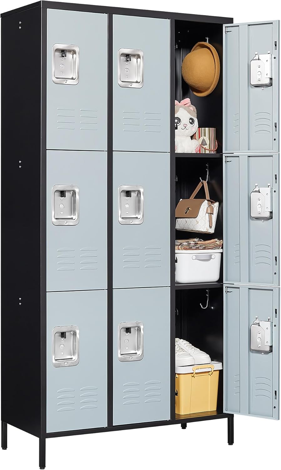 Metal Locker 9 Doors Employees Locker Storage Cabinet Locker School Hospital Gym Locker Requires Assembly (Black Gray -9 Doors 36 w)