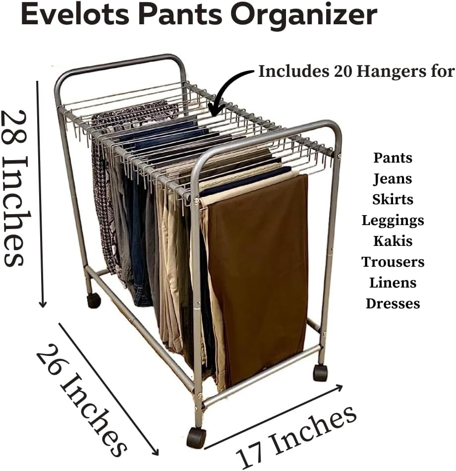 Evelots Pants Rack with 20 Pants Hangers Rolling Trolley-Skirt Hangers, Jean Organizer for Closet