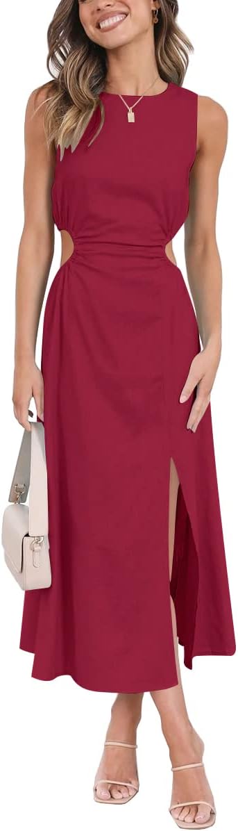 LILLUSORY Womens Cutout Split Linen Cotton Sleeveless Slit Maxi Dress