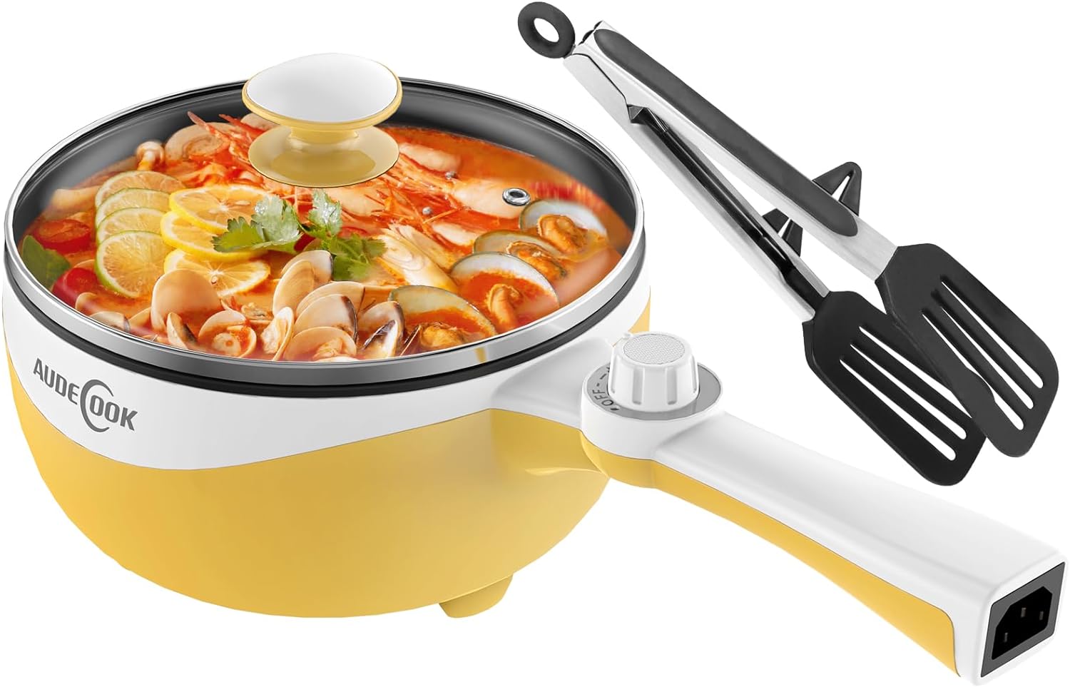 Audecook Hot Pot Electric, 1.7L Mini Electric Skillet Portable Nonstick Saut�� Pan with Power Adjustment, Rapid Ramen Cooker Travel Multicooker Electric Pot for Steak/Soup/Egg/Oatmeal/Noodles(Yellow)