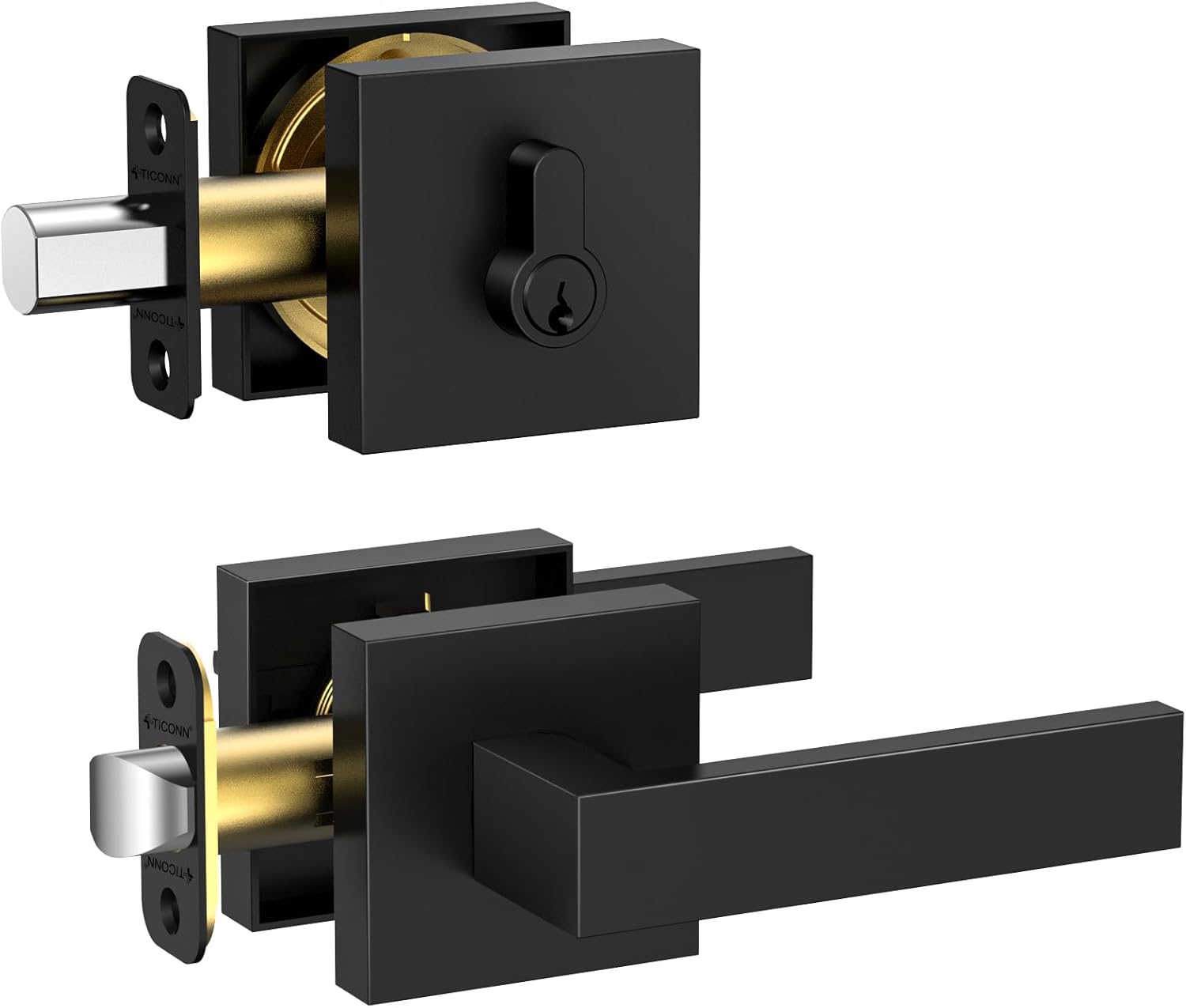 TICONN Door Handle Heavy Duty, Reversible Square Door Lever for Bedroom, Bathroom and Rooms (Black, Deadbolt with Passage Lever)