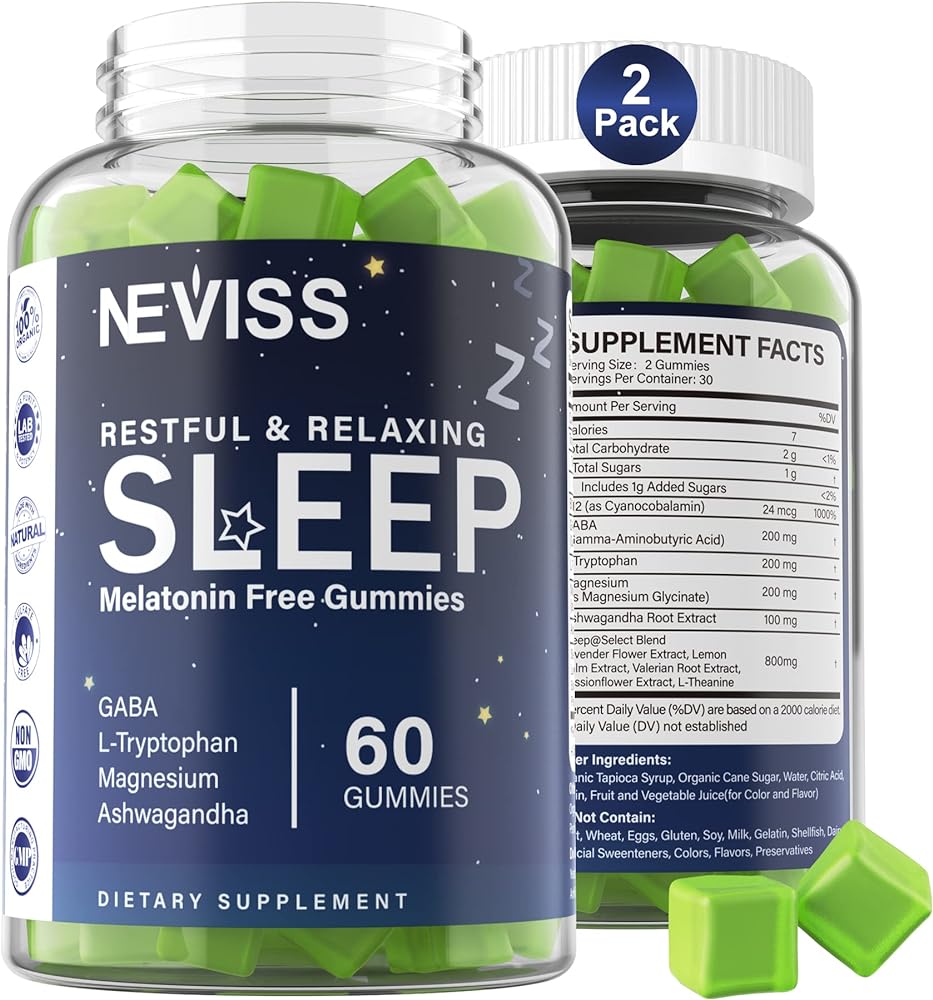 NEVISS Melatonin Free Sleep Aid Gummies for Adults - GABA, L-Tryptophan, Magnesium, Ashwagandha - Non-Habit Forming, Help for Deep Relaxation - Vegan, Meyer Lemon Flavor, 2Pack