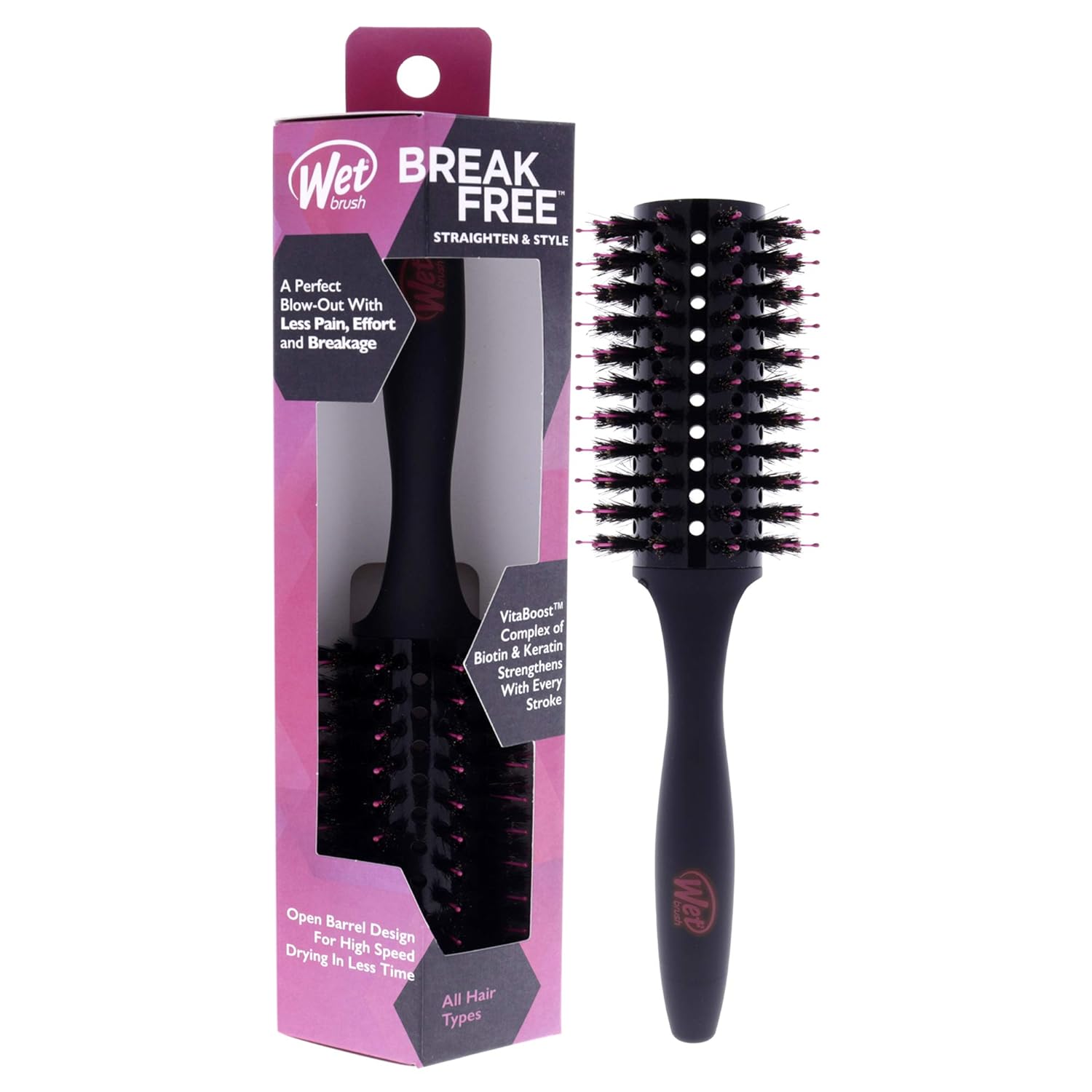 Wet Brush Straighten & Style Round Brush - for All Hair Types - A Perfect Blow Out with Less Pain, Effort and Breakage - Open Barrel Design For High Speed Drying In Less Time, Black