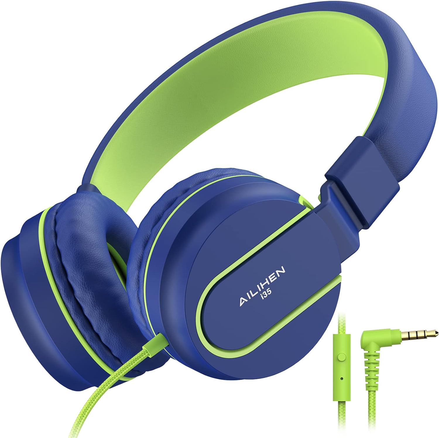 AILIHEN Kids Headphones, I35 On-Ear Headphones for School, Safe Volume 93dB, HD Mic Stereo Headphone for Kid Girls Boys, Foldable 3.5mm Wired for Chromebook, Laptop, Computer, Tablet (Blue Green)