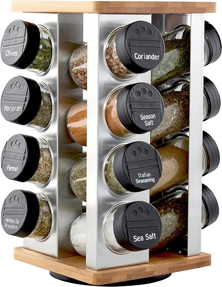 Kamenstein 16 Jar Warner Revolving Countertop Spice Rack Organizer with Lift &amp; Pour Caps and Spices Included, FREE Spice Refills for 5 years, Stainless Steel &amp; Bamboo with Black Caps