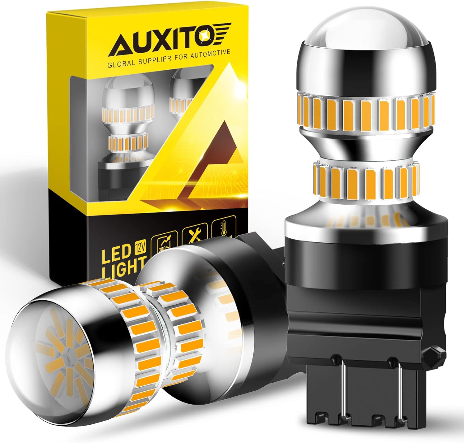 AUXITO LED Turn Signal Bulb 3157 LED Bulbs Amber Yellow 400% Brighter 3156 3457A 4057 4157 LED Bulb for Front Rear Turn Signal Light Blinker Parking DRL Marker Lights, Pack of 2