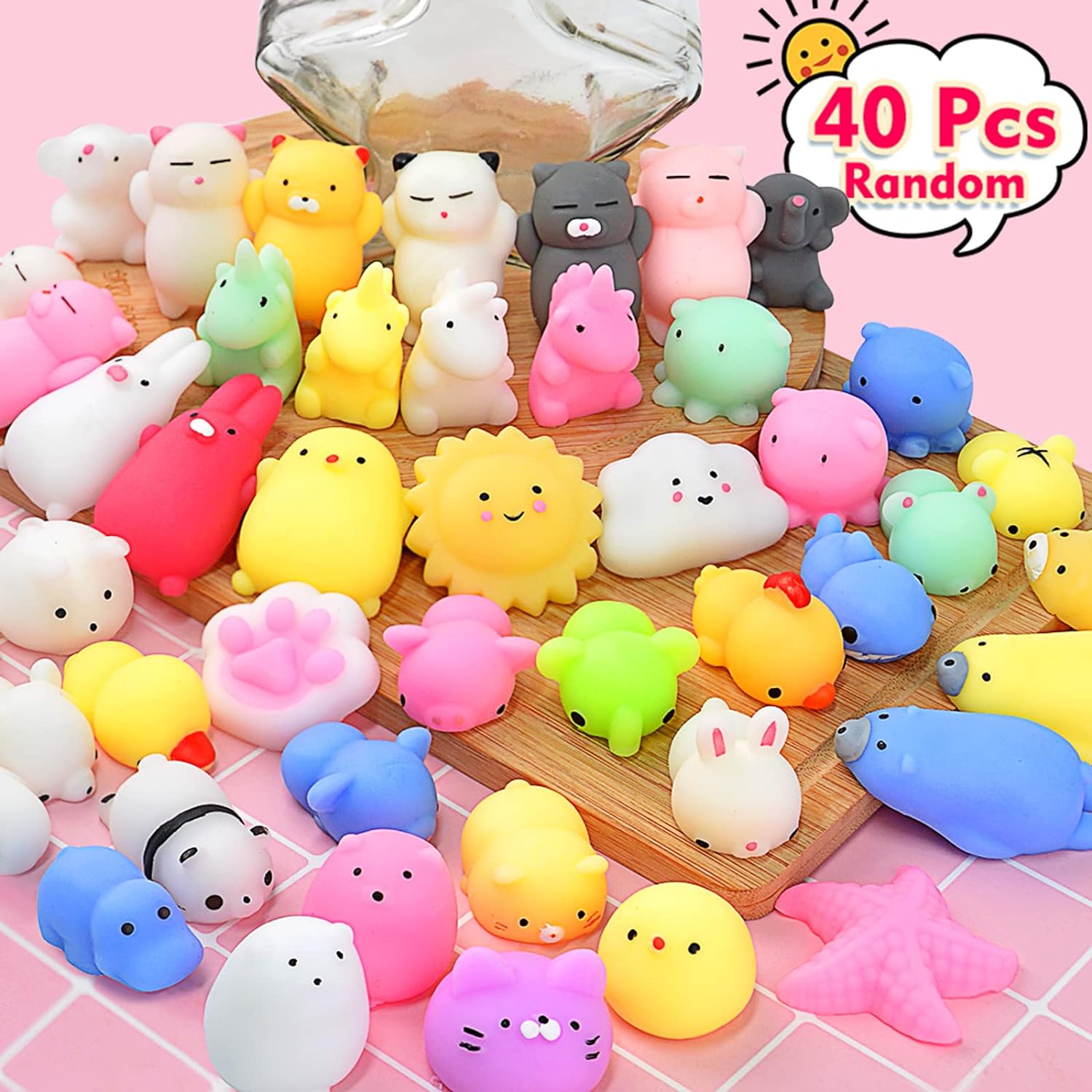 Squishies 40pcs Mochi Squishy Toys Party Favors for Kids Mini Squishy Kawaii Fidget Toys Stress Relief Treasure Box Toys for Classroom Prizes Kids Easter Egg Fillers Goodie Bag Stuffers, Random