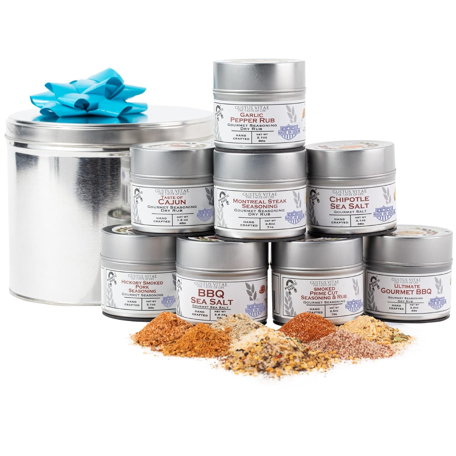 BBQ Bucket & Pit Master Gift Set | 8 Gourmet Seasonings & Salts In A Handsome Gift Tin | All Natural, Non GMO | Artisanal Spice Blends & Infused Sea Salts | Small Batch | Gustus Vitae