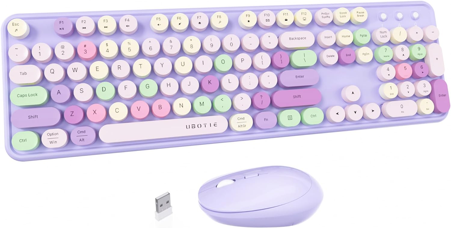 UBOTIE Colorful Computer Wireless Keyboard Mouse Combos, Typewriter Flexible Keys Office Full-Sized Keyboard, 2.4GHz Dropout-Free Connection and Optical Mouse (Purple-Colorful)